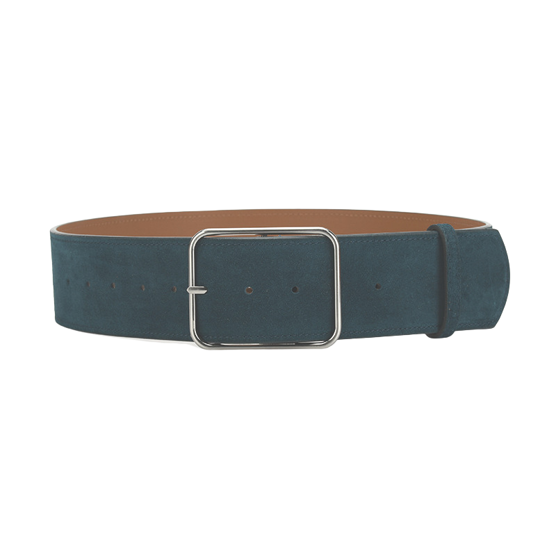 Ceinture Ninette bleue en daim avec boucle carrée argentée, pour femme