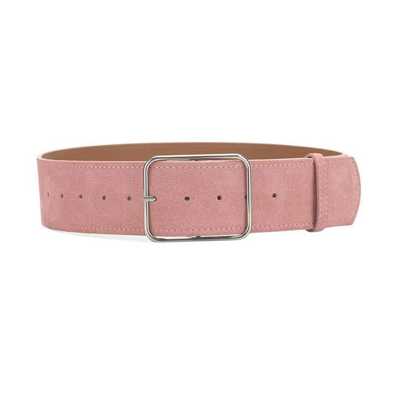 Ceinture large rose en daim pour femme, modèle Ninette, avec boucle carrée argentée