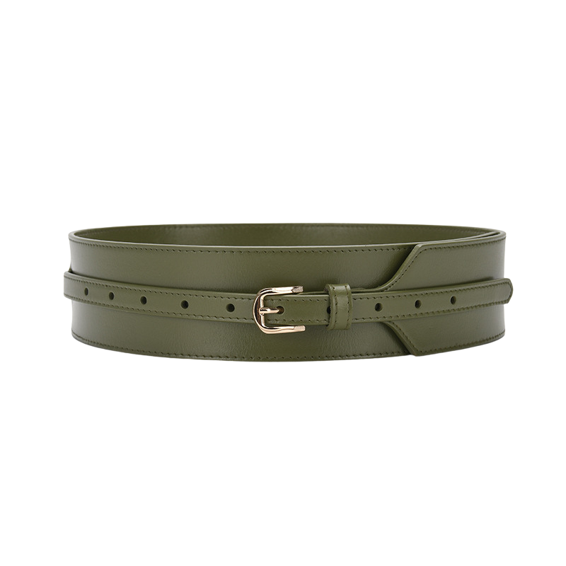Ceinture femme Noble verte en cuir avec boucle ardillon dorée et design deux couches