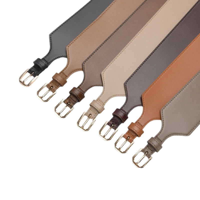 Collection de ceintures Noble pour femme en cuir refendu, largeur 2,8 cm, avec boucle ardillon dorée, disponibles en 13 coloris classiques.