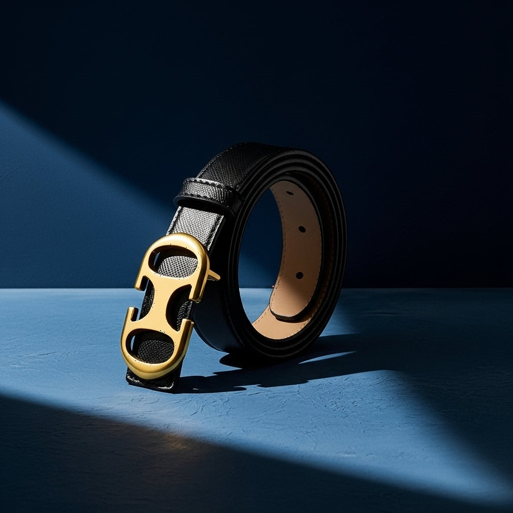 Ceinture pour femme Noélie noire en cuir refendu avec boucle ardillon ovale allongée dorée à l'effet lettres #fullwidth