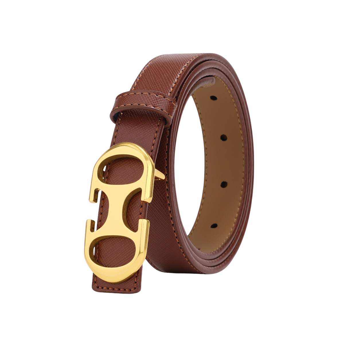 Ceinture femme Noélie en cuir marron texturé avec boucle ardillon ovale allongée dorée.