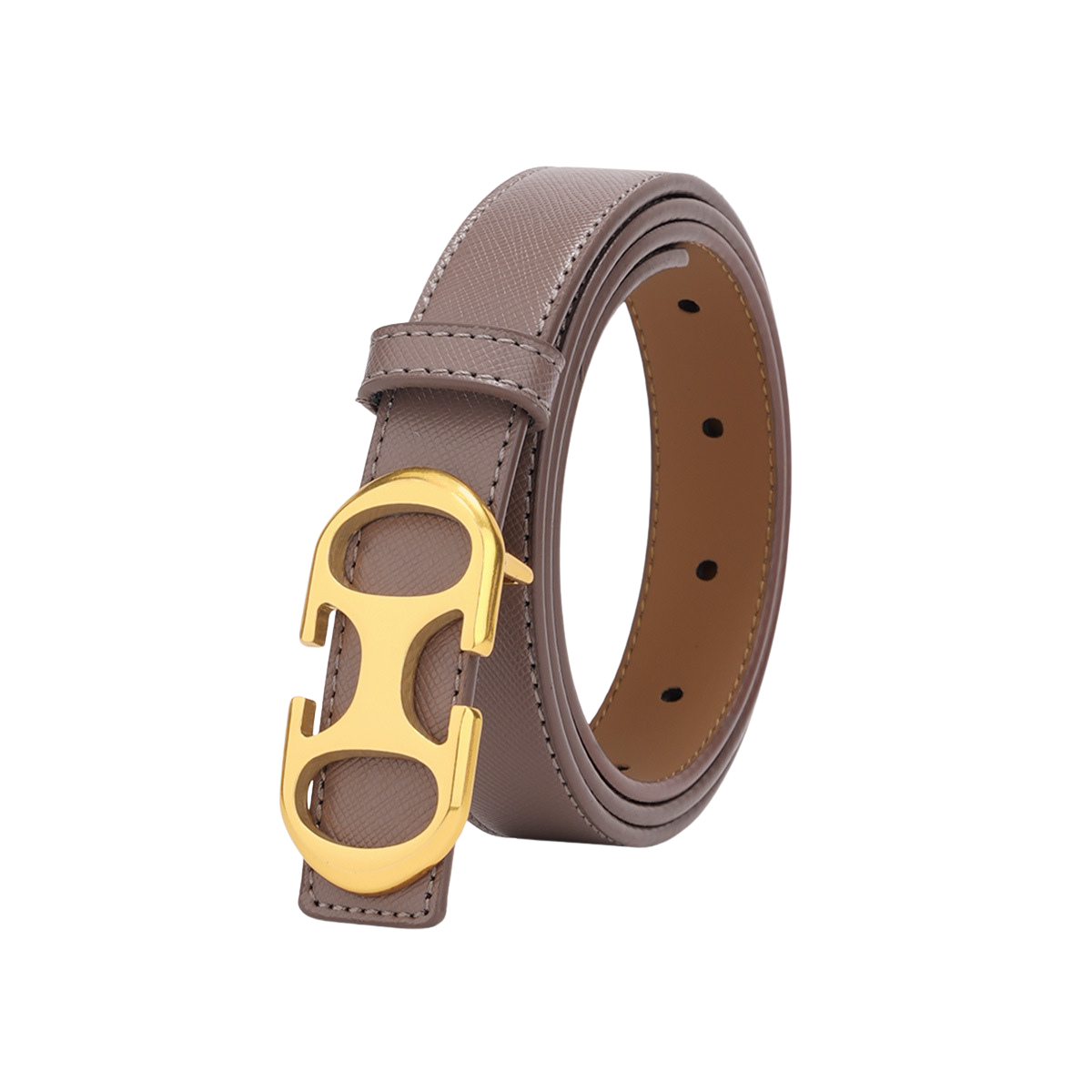 Ceinture femme Noélie en cuir gris texturé avec boucle ardillon ovale allongée dorée.