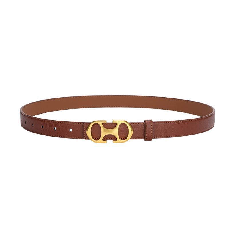Ceinture marron pour femme Noélie en cuir refendu avec boucle ardillon ovale allongée dorée et finition texturée.