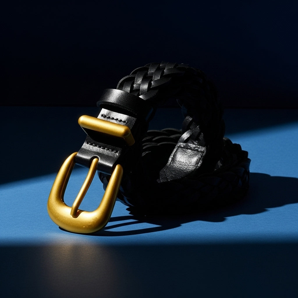 Ceinture femme Noémie noire en cuir tressé avec boucle ardillon dorée arrondie et texture 30T, style rétro et élégant. #fullwidth