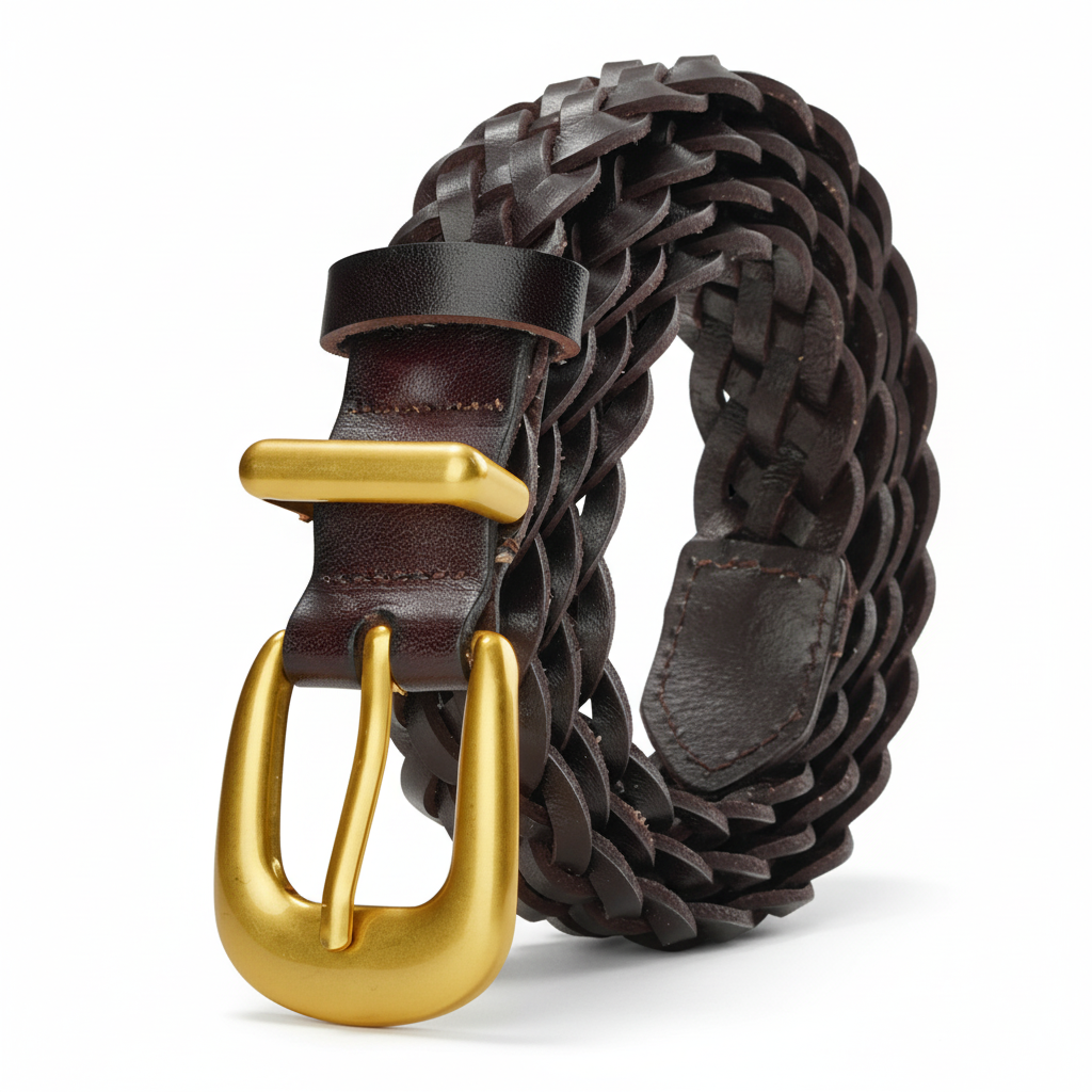 Ceinture en cuir tressé marron foncé pour femme, modèle Noémie, avec boucle ardillon dorée.