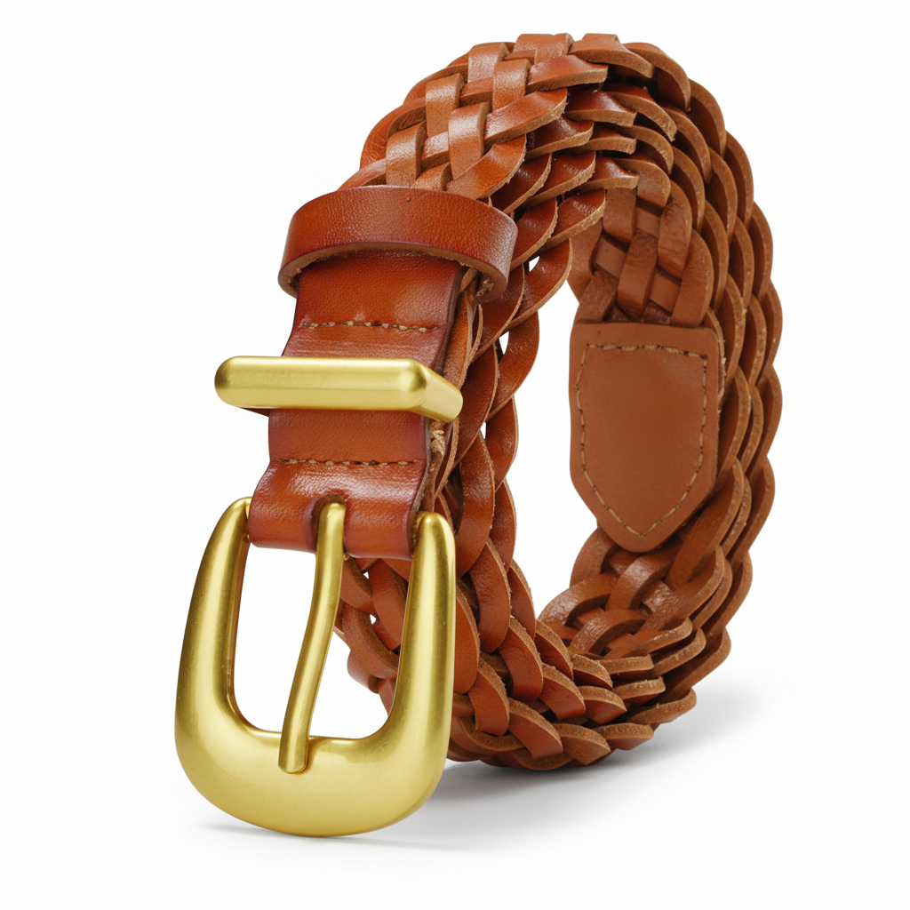 Ceinture femme Noémie en cuir tressé couleur chameau avec boucle ardillon dorée. Largeur 2.4 cm.