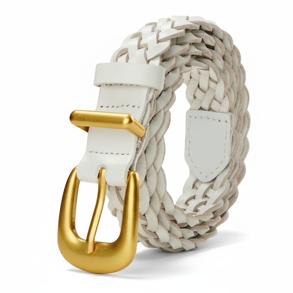 Ceinture femme Noémie blanche en cuir tressé à la main avec boucle ardillon dorée.