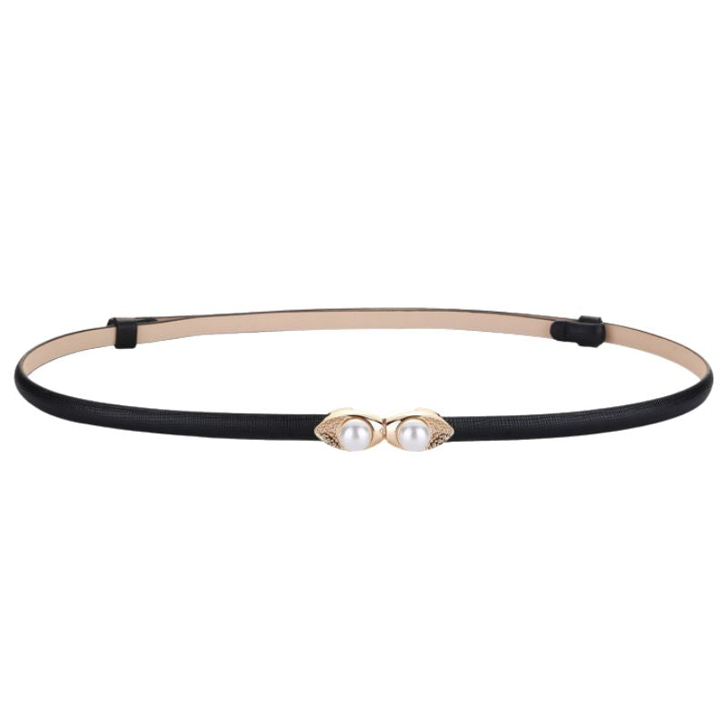 Ceinture fine noire Noémie-Rose en cuir grainé avec boucle dorée ornée de deux perles et de strass.