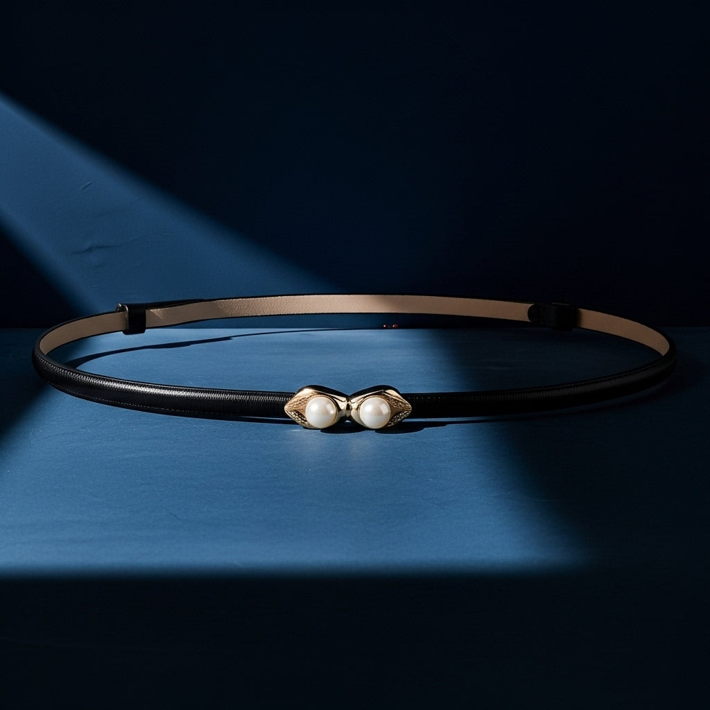 Ceinture fine noire Noémie-Rose avec boucle dorée ornée de deux perles nacrées, sur fond bleu #fullwidth