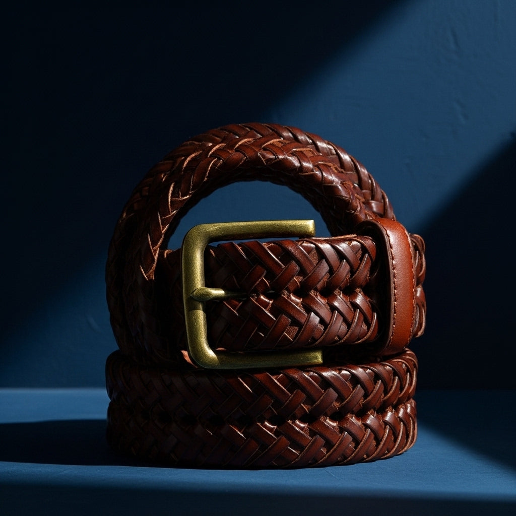 Ceinture Normand 2 homme en cuir brun tressé avec boucle ardillon dorée et finition brillante #fullwidth