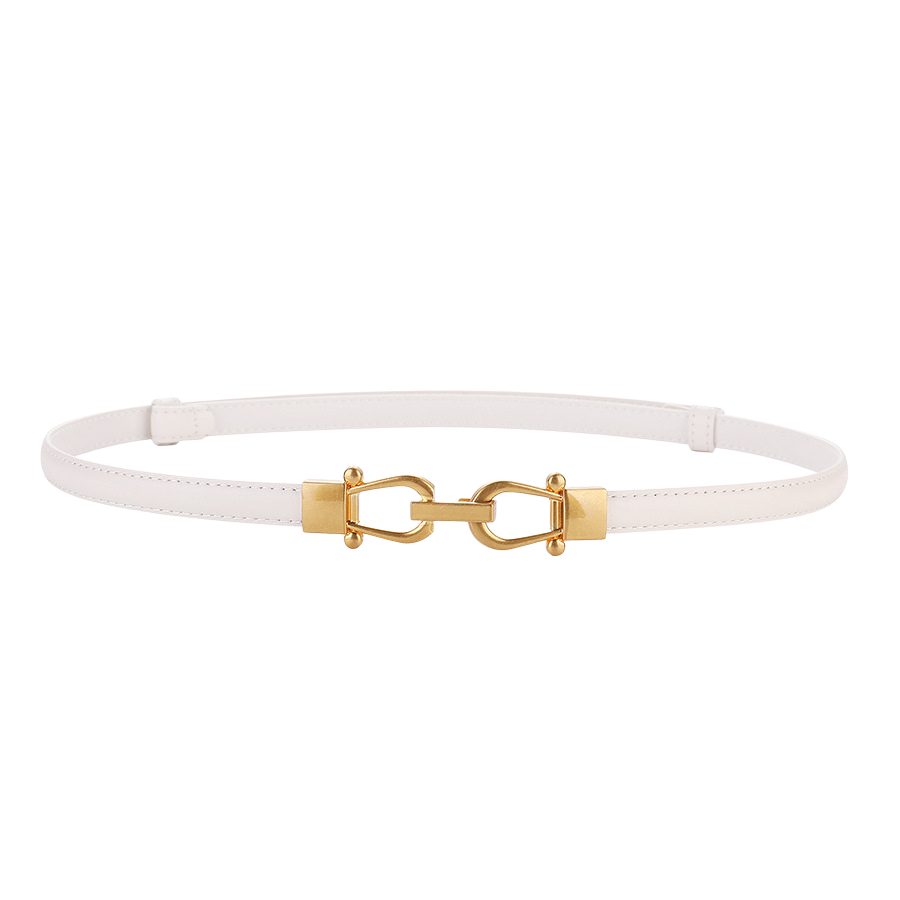 Ceinture fine Nuance en cuir blanc pour femme avec boucle dorée à l'avant.