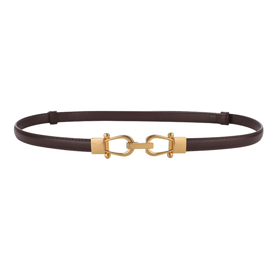 Ceinture femme Nuance en cuir marron foncé avec boucle enchaînement de maillons ovales en métal doré, largeur 1.4 cm.
