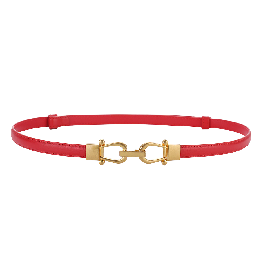 Ceinture fine Nuance en cuir rouge avec boucle crochet dorée en forme d'enchaînement de maillons ovales.