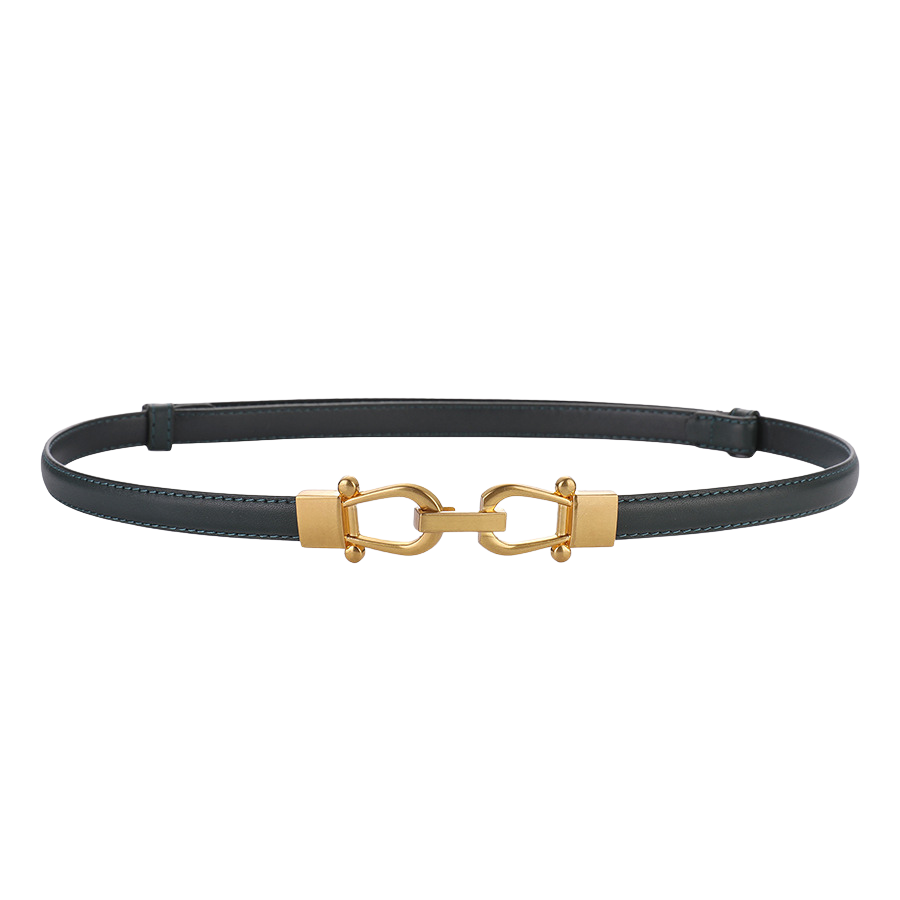 Ceinture fine en cuir vert pour femme, modèle Nuance, avec boucle dorée en forme de maillons enchaînés.