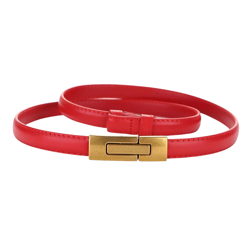 Ceinture Nymphe rouge pour femme en cuir avec boucle dorée rectangulaire.