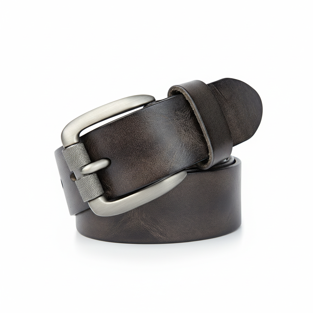 Ceinture homme Oberkampf en cuir marron avec boucle ardillon argentée texturée
