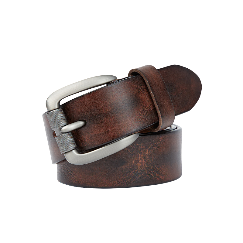 Ceinture en cuir de vachette pleine fleur marron cognac pour homme, modèle Oberkampf, avec boucle ardillon carrée argentée texturée et lanière lisse.