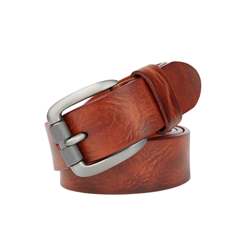 Ceinture homme Oberkampf en cuir marron cognac, boucle ardillon argentée texturée rétro, 3,8 cm de large #fullwidth