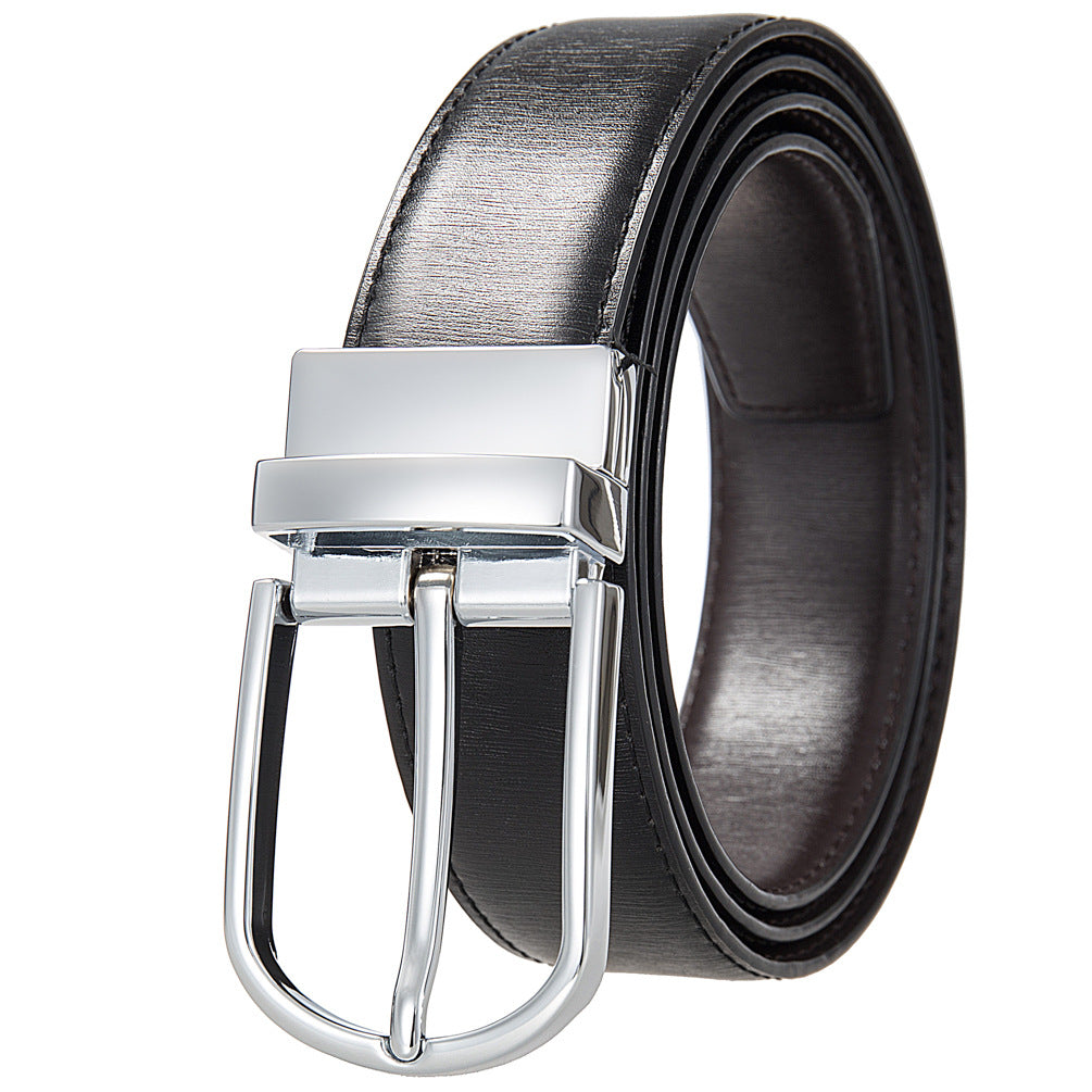Ceinture homme Olive en croûte de cuir de vachette noire avec boucle ardillon argentée. Ceinture réversible noir et café avec texture 20T.