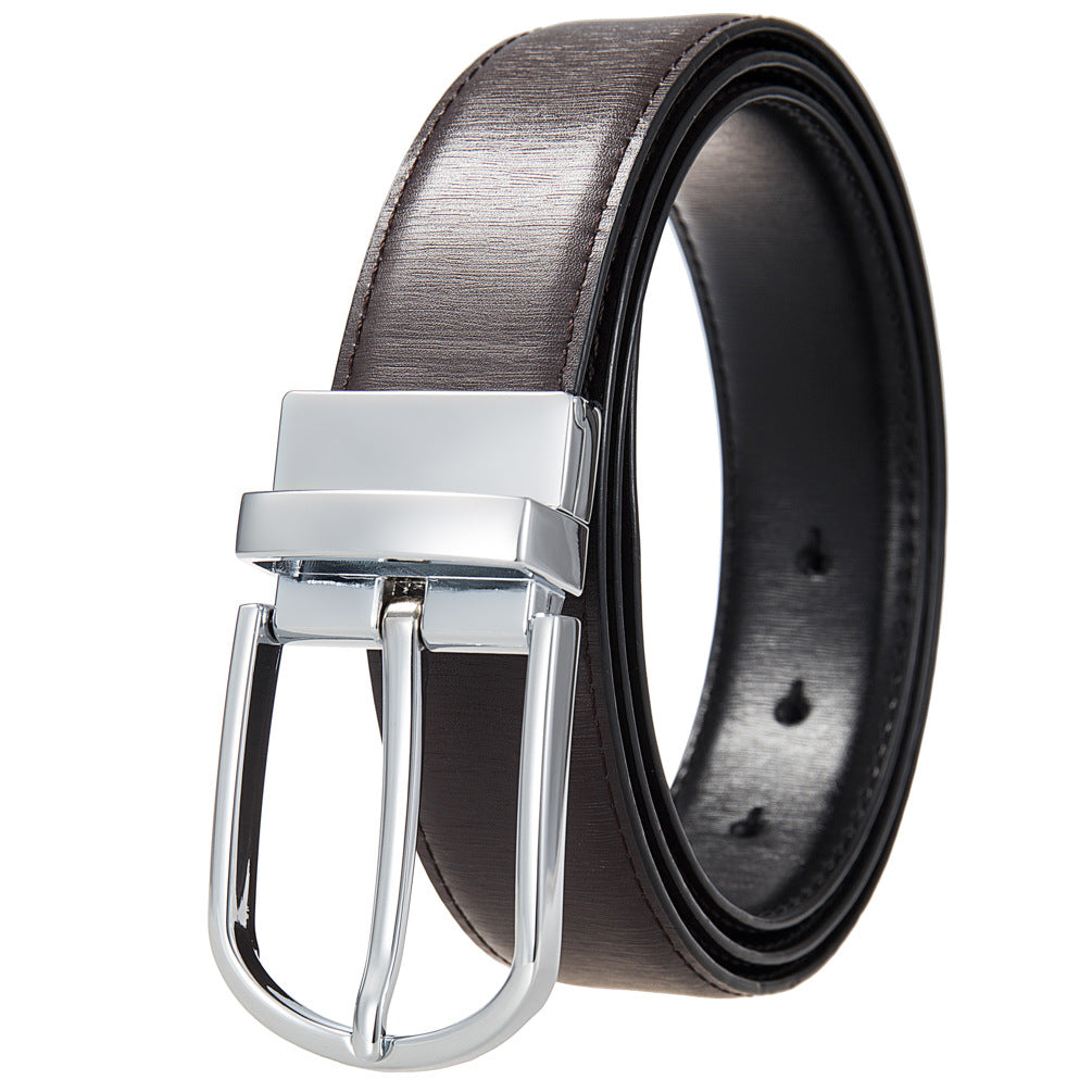 Ceinture homme Olive en croûte de cuir marron texturé, avec boucle ardillon argentée et réversible noir/café. #fullwidth