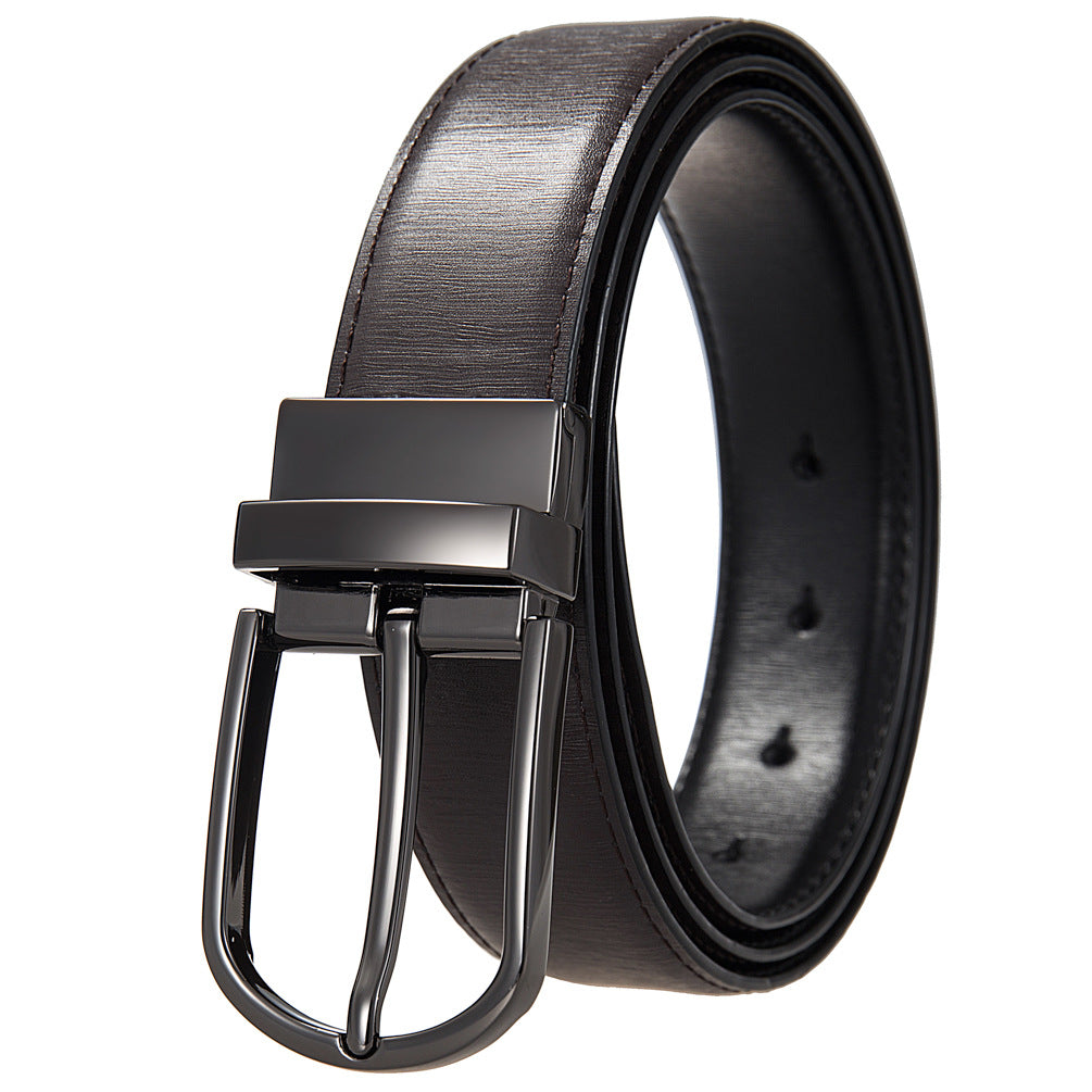 Ceinture homme Olive en croûte de cuir de vachette, réversible noir et café, avec boucle ardillon en métal argenté et lanière texturée 20T.