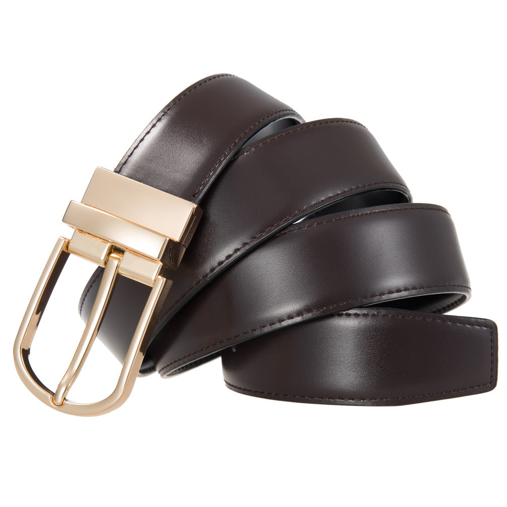 Ceinture homme Olive 95 en cuir de vachette marron avec boucle ardillon dorée arrondie et mécanisme rotatif.