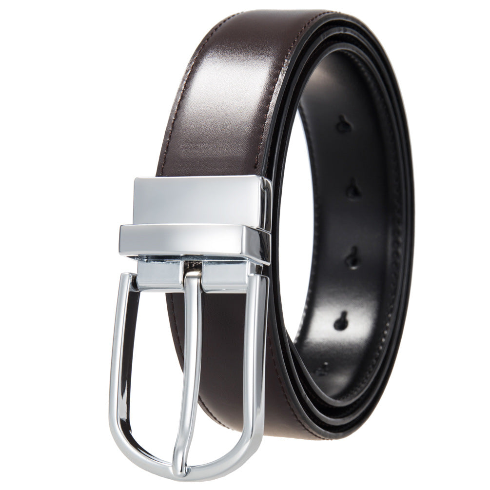 Ceinture homme Olive 95 en cuir marron avec boucle ardillon argentée arrondie et mécanisme rotatif.