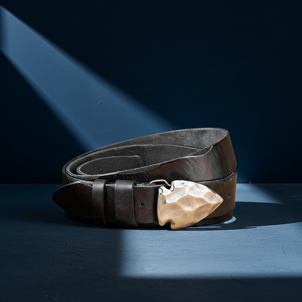 Ceinture homme Olivier Tan en cuir noir pleine fleur avec boucle argentée texturée en forme de pointe de flèche, style vintage artisanal. #fullwidth