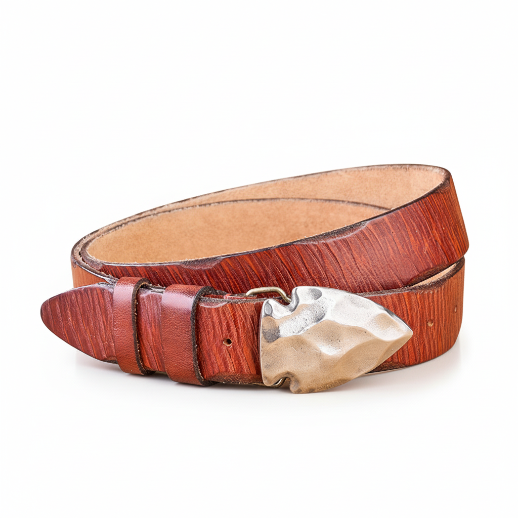 Ceinture Olivier Tan en cuir marron clair avec boucle argentée en forme de pointe de flèche martelée.