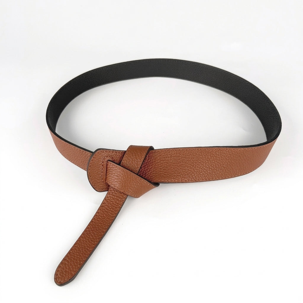 Ceinture femme réversible Ombeline en cuir pleine fleur camel et noir, style obi large sans boucle avec nouage élégant