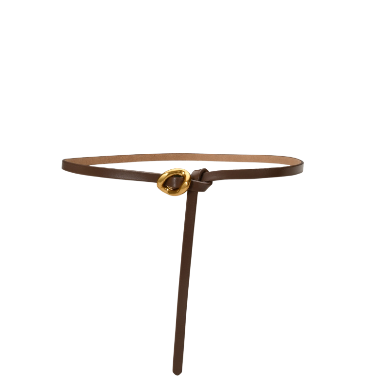 Ceinture fine en cuir marron foncé Ombrelle avec boucle dorée texturée et fermeture à nouer