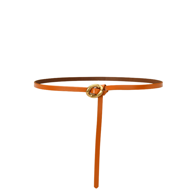 Ceinture fine Ombrelle orange en cuir de vachette avec boucle dorée texturée