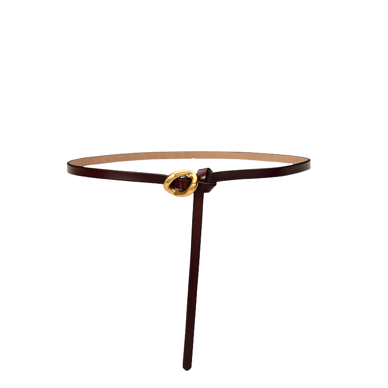 Ceinture fine Ombrelle en cuir bordeaux avec boucle dorée, format à nouer, finition lisse, longueur 105 cm.