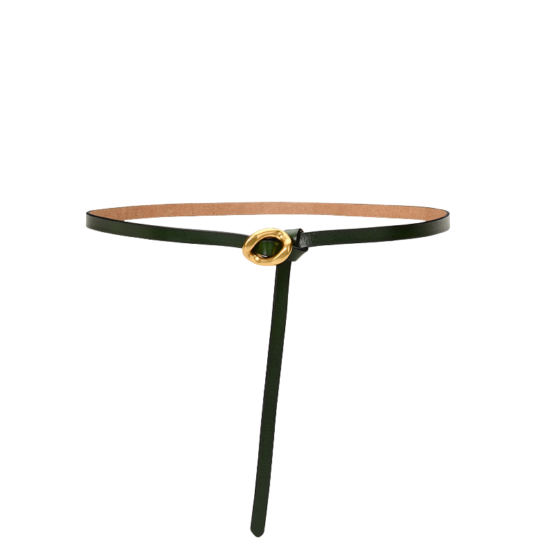 Ceinture fine Ombrelle en cuir de vachette refendu vert foncé avec boucle dorée ovale et design à nouer