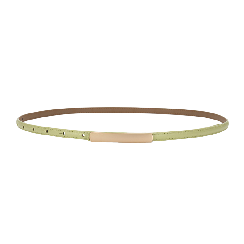 Ceinture femme Ondine en cuir refendu vert clair avec boucle dorée rectangulaire, largeur 1 cm.