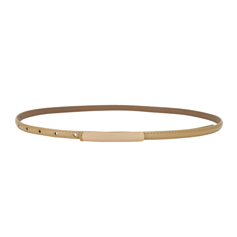 Ceinture fine Ondine en cuir beige clair avec une boucle rectangulaire dorée sans ardillon, largeur 1 cm.