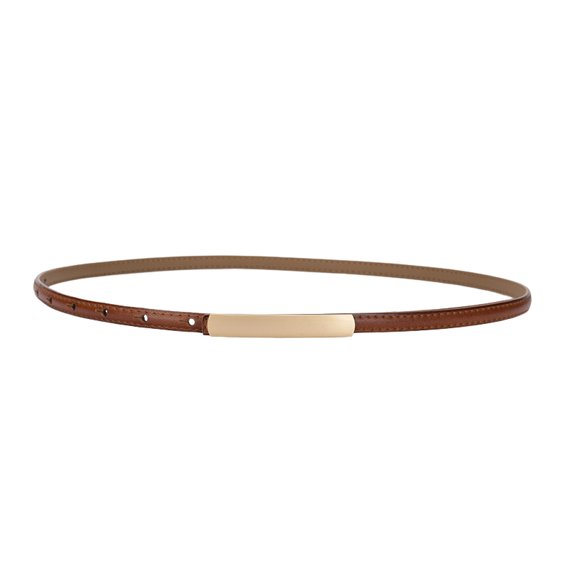 Ceinture fine Ondine en cuir marron foncé avec boucle dorée rectangulaire et minimaliste.