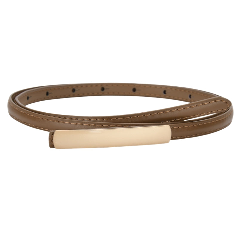 Ceinture fine Ondine en cuir refendu marron avec boucle dorée rectangulaire sans ardillon.