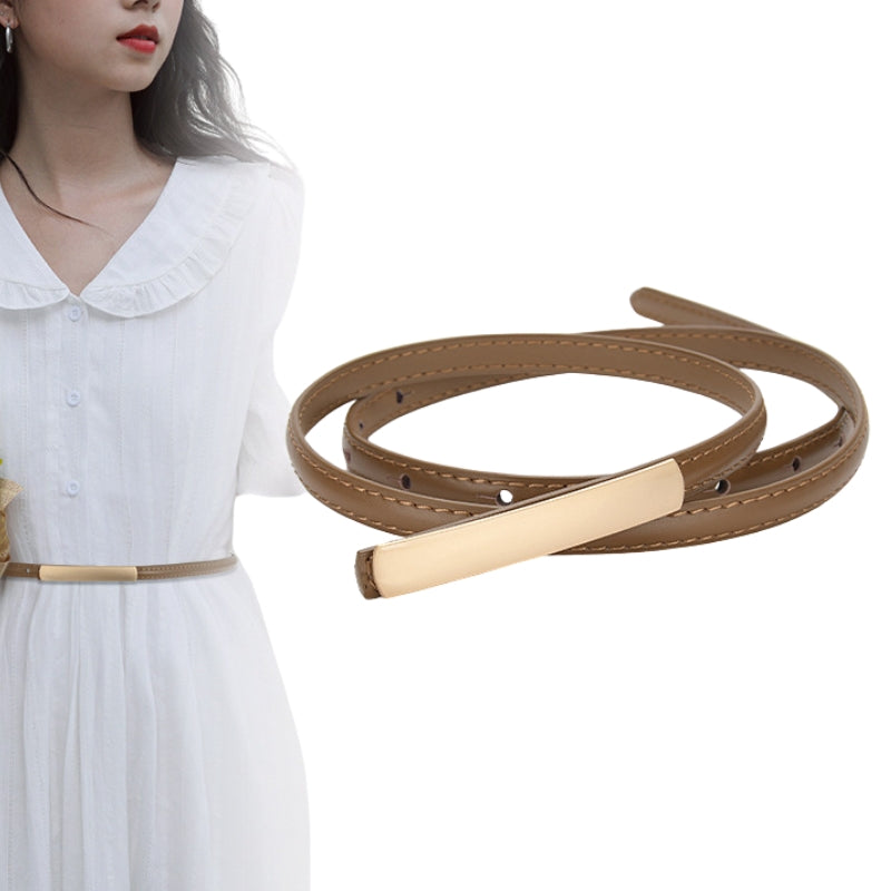 Ceinture femme Ondine fine en cuir marron avec boucle dorée rectangulaire sans ardillon visible.