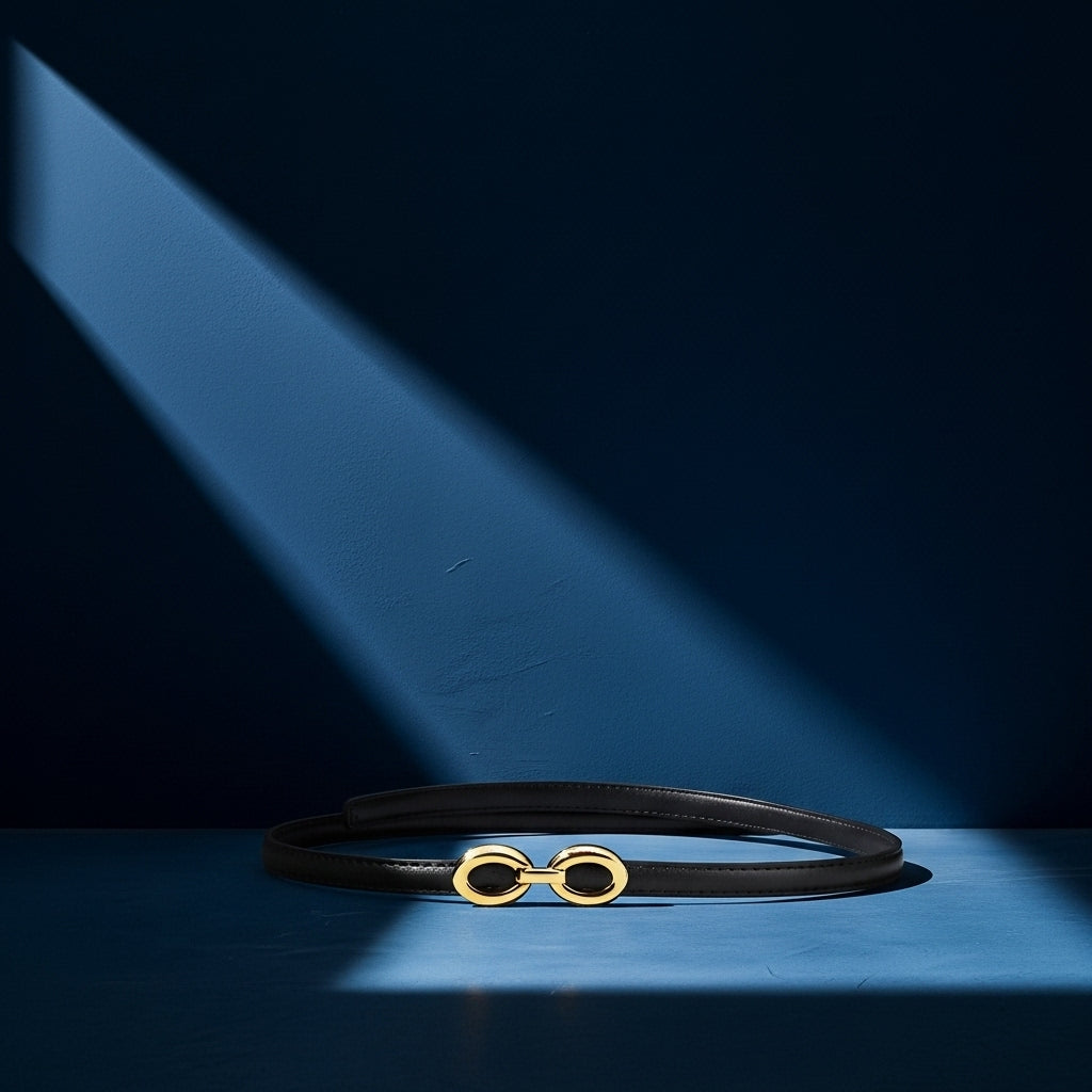 Ceinture fine noire Onirique pour femme avec boucle ovale dorée décorative, design élégant et minimaliste #fullwidth