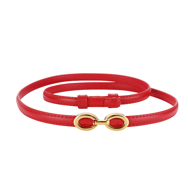 Ceinture fine rouge Onirique en cuir avec boucle ovale dorée décorative