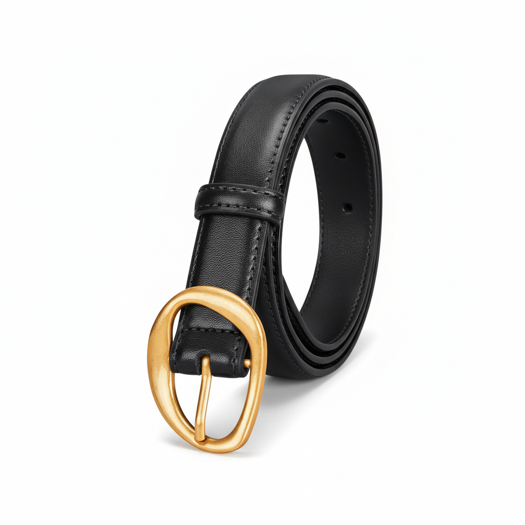 Ceinture pour femme Opale noire en cuir avec boucle ovale dorée mate à l'aspect ancien.