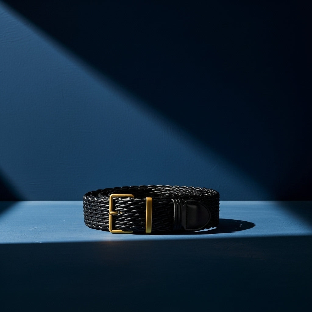 Ceinture femme Ophélia noire en simili cuir recyclé tressé, avec boucle ardillon rectangulaire dorée, style artisanal et écoresponsable #fullwidth