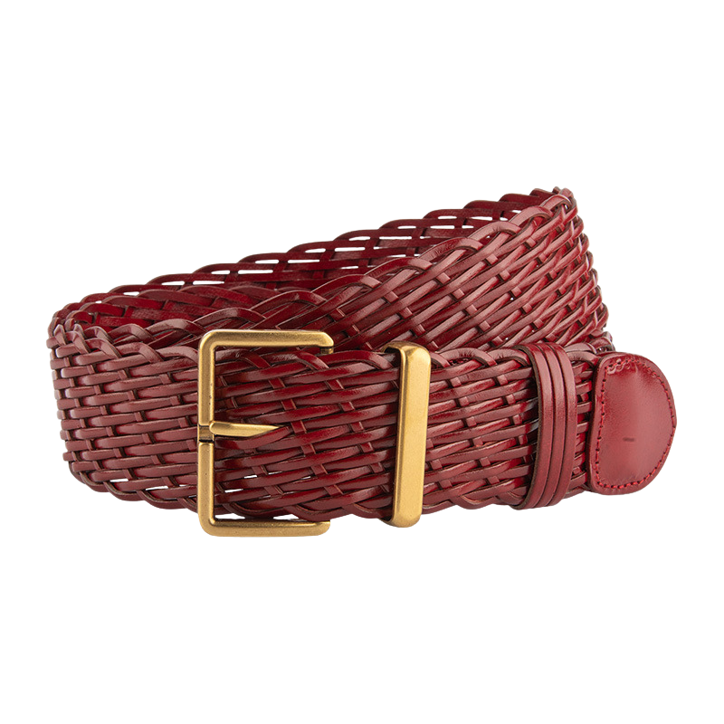Ceinture femme Ophélia rouge en simili cuir recyclé tressé avec boucle ardillon rectangulaire dorée et finition artisanale.