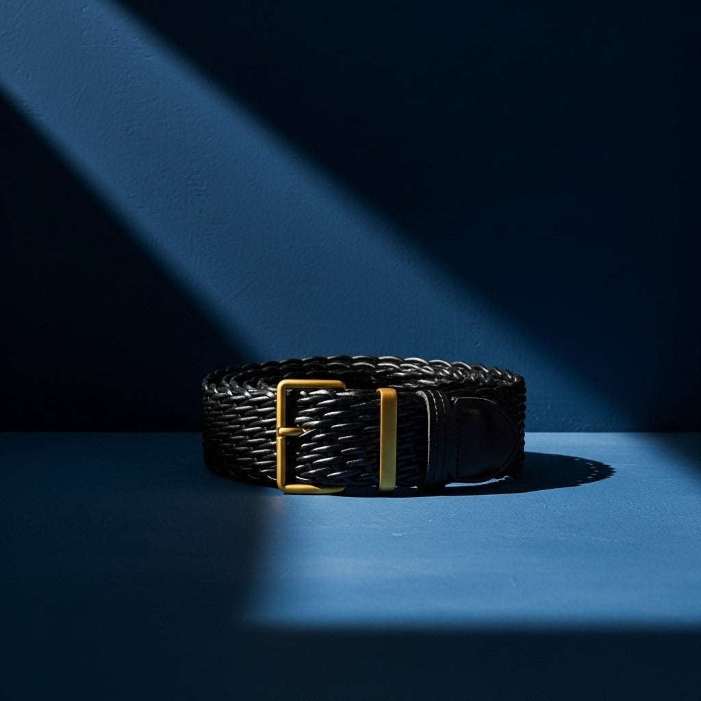 Ceinture Ophélia en simili cuir recyclé noir, texture tressée artisanale, boucle ardillon rectangulaire dorée, largeur 4cm. #fullwidth