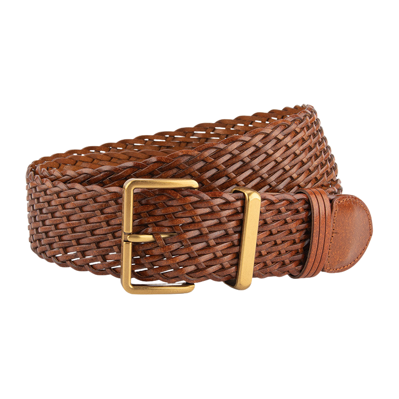 Ceinture femme Ophélia en simili cuir recyclé marron foncé tressé avec boucle ardillon rectangulaire dorée.