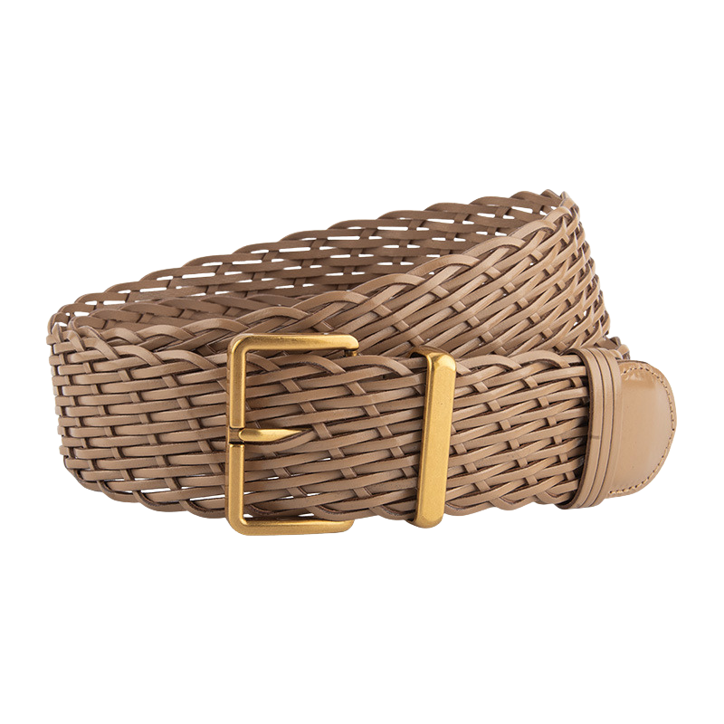 Ceinture femme Ophélia en simili cuir recyclé beige tressé, avec boucle ardillon rectangulaire en métal doré. Largeur > 4cm, style artisanal et écoresponsable.