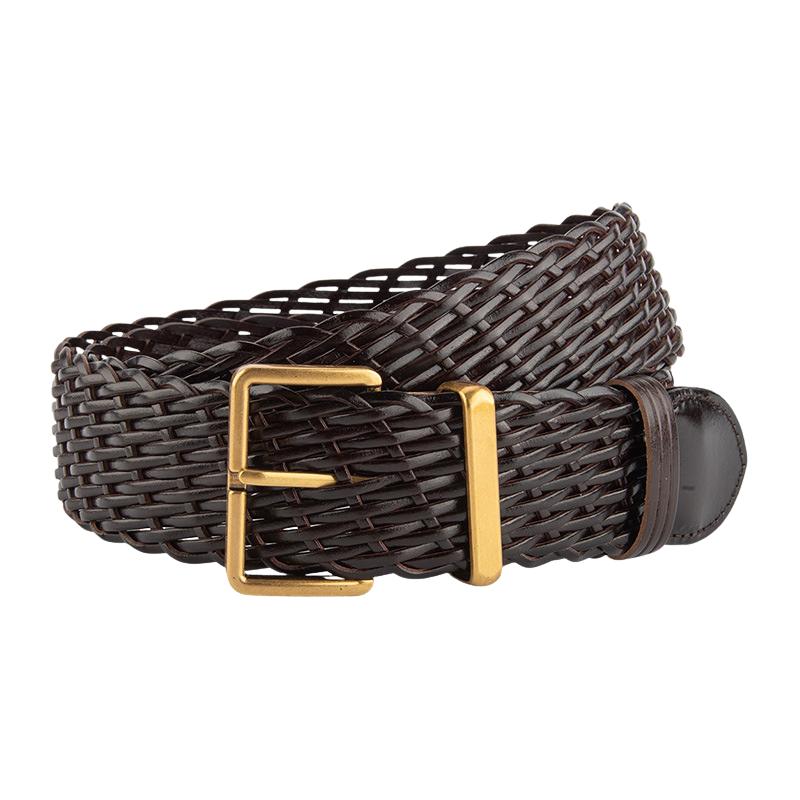 Ceinture femme Ophélia en simili cuir recyclé marron foncé tressé avec une boucle ardillon rectangulaire dorée.