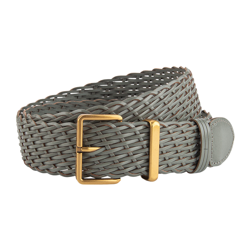 Ceinture femme Ophélia en simili cuir recyclé gris tressé, avec boucle ardillon rectangulaire dorée.